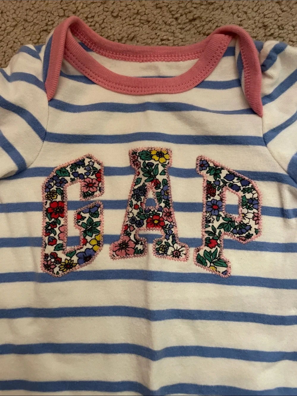 GAP White and Light Blue Striped Infant Footie with Floral Logo
